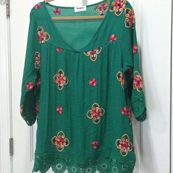 Anthropologie Kindred Embroidered Tunic Womens 1X Green Floral Bohemian Blouse - Picture 1 of 7